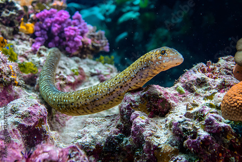 Tropical sea underwater fishes on coral reef. Aquarium oceanarium wildlife colorful marine panorama landscape nature snorkel diving photo