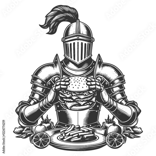 medieval knight in full armor eats large burger, combining historical and modern elements with humor sketch engraving generative ai vector illustration. Scratch board imitation. Black and white image