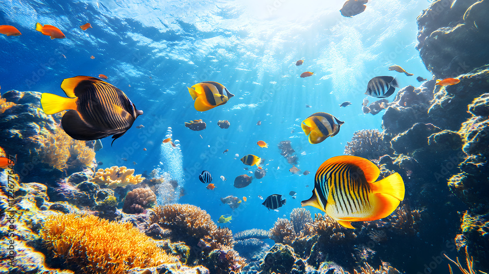 Fototapeta premium Tropical sea underwater fishes on coral reef. Aquarium oceanarium wildlife colorful marine panorama landscape nature snorkel diving