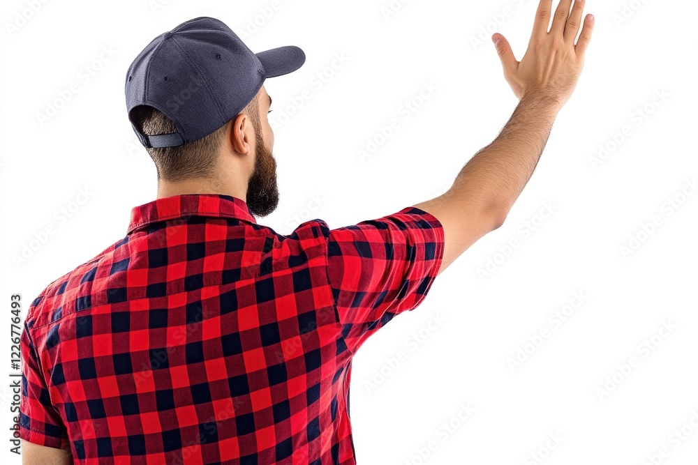 A person waving with enthusiasm wearing a distinctive red and black checkered shirt A person waving with enthusiasm wearing a distinctive red and black checkered shirt