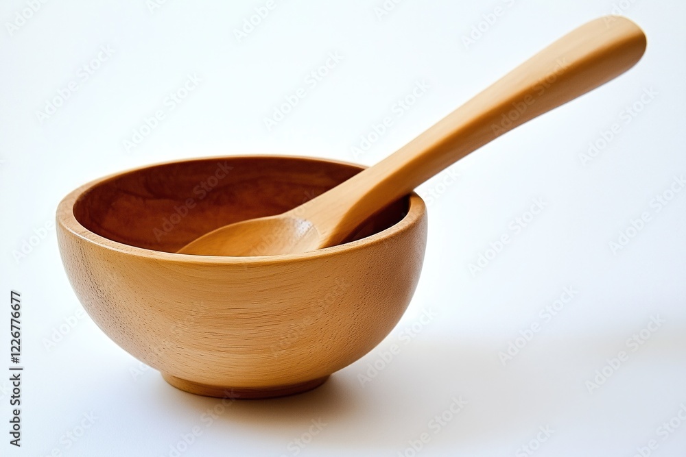 Empty wooden bowl with spoon on white background Empty wooden bowl with spoon on white background