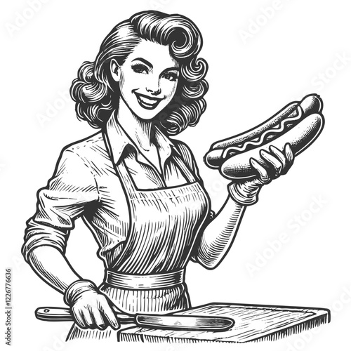 woman in a vintage apron holding a steaming hot dog while cooking on a stovetop sketch engraving generative ai fictional character vector illustration. Scratch board imitation. Black and white image.