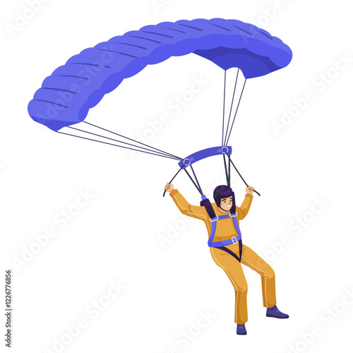 Person skydiving with a parachute on a white background, wearing a jumpsuit, helmet, enjoying an adventurous activity. Vector illustration