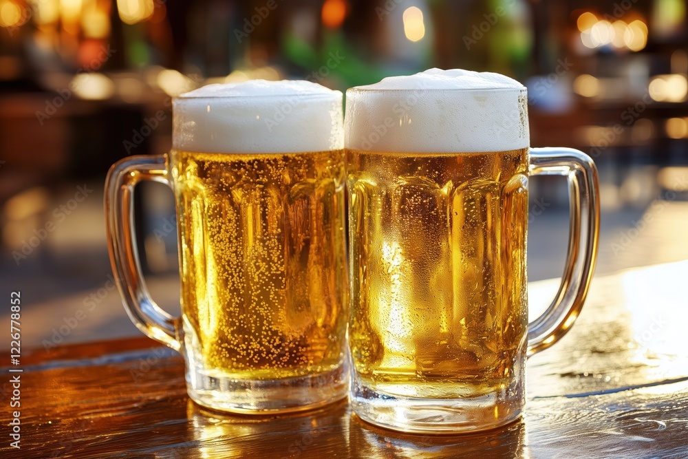 Two mugs of cold beer resting on wooden table in outdoor pub Two mugs of cold beer resting on wooden table in outdoor pub