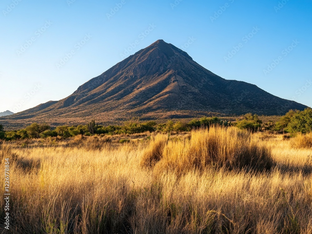 Fototapeta premium Majestic Mountain Peak Dominates the Landscape at Sunset with Golden Grass