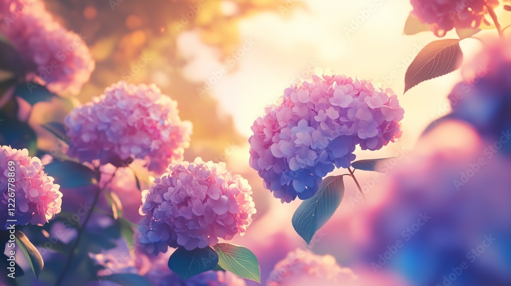 Pink, blue hydrangea flowers are blooming in spring and summer at sunset in town garden Pink, blue hydrangea flowers are blooming in spring and summer at sunset in town garden