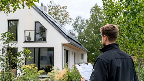 Solar Panel Installation Inspection by a Worker in Front of a Modern Eco-Friendly House