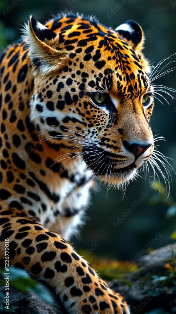 A majestic leopard moves through a surreal jungle, distorting reality. A majestic leopard moves through a surreal jungle, distorting reality.