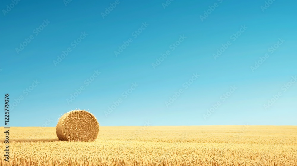 Golden Field with Hay Bale Under Clear Blue Sky Golden Field with Hay Bale Under Clear Blue Sky