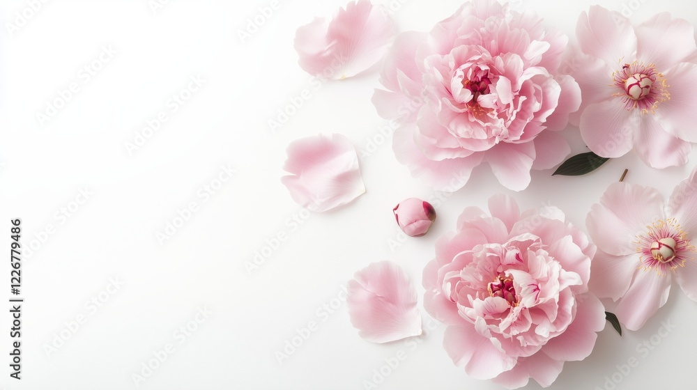 Set of beautiful pink peony flowers on white background