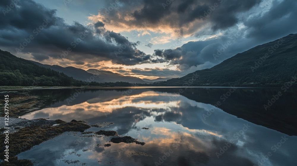 Serene Sunset Reflection on a Scottish Loch Serene Sunset Reflection on a Scottish Loch