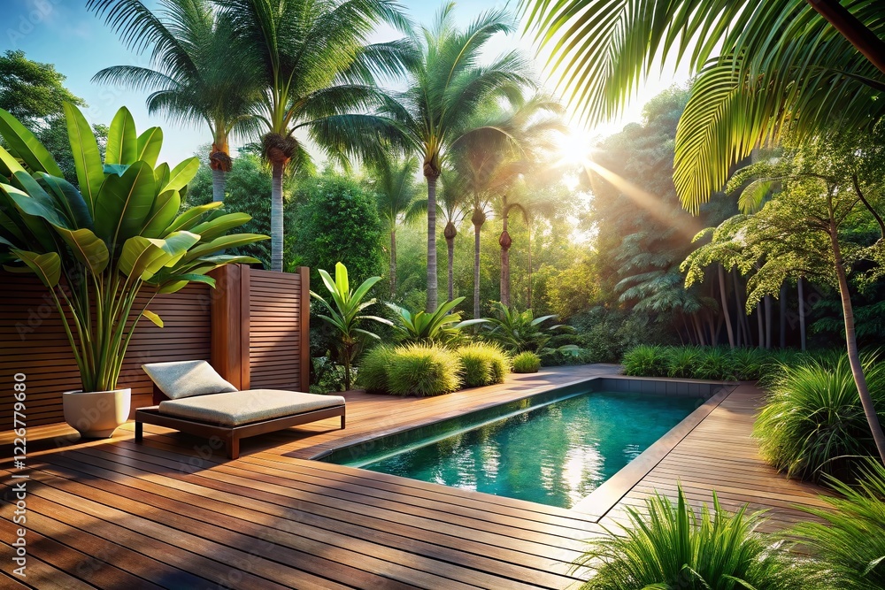 Fototapeta premium Tropical Backyard Oasis: Wooden Deck & Plunge Pool