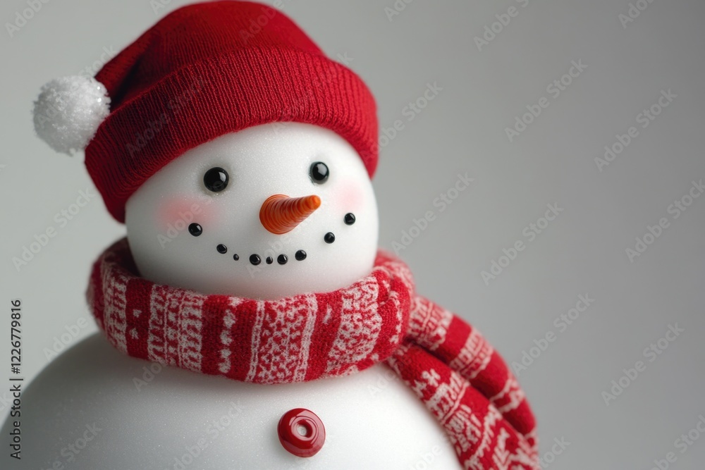A close-up shot of a snowman wearing a bright red hat and matching scarf, perfect for winter-themed illustrations or holiday greeting cards A close-up shot of a snowman wearing a bright red hat and matching scarf, perfect for winter-themed illustrations or holiday greeting cards
