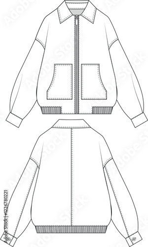 with pockets collared zippered ribbed hem drop shoulder long balloon sleeve slouchy loose oversize jacket coat  template technical drawing flat sketch cad mockup fashion unisex design style model 
