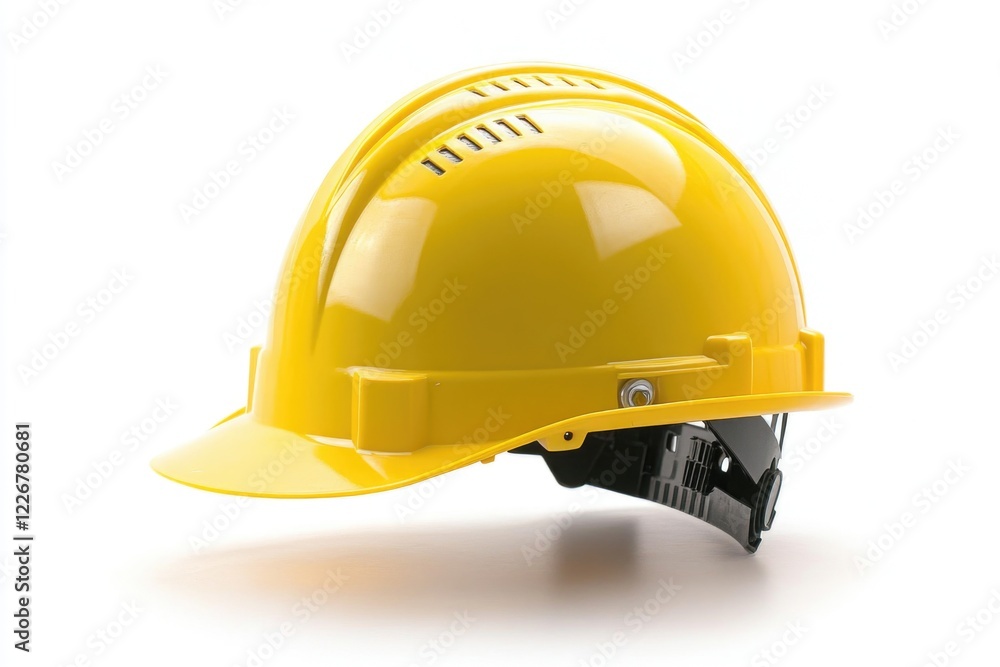A single yellow hard hat sits on a plain white background, perfect for use in construction or DIY related contexts A single yellow hard hat sits on a plain white background, perfect for use in construction or DIY related contexts