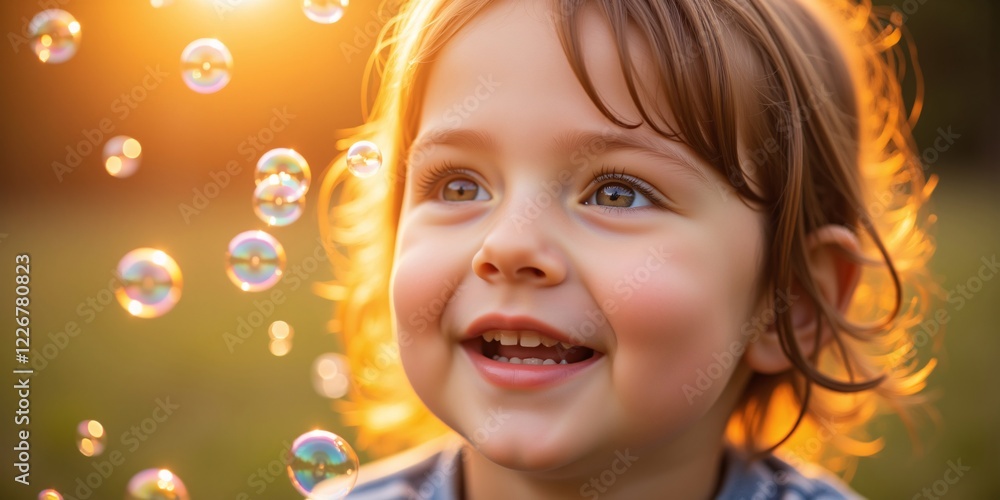 Golden hour magic! A toddler's joyful gaze follows shimmering soap bubbles, bathed in sunset's warm glow. Golden hour magic! A toddler's joyful gaze follows shimmering soap bubbles, bathed in sunset's warm glow.
