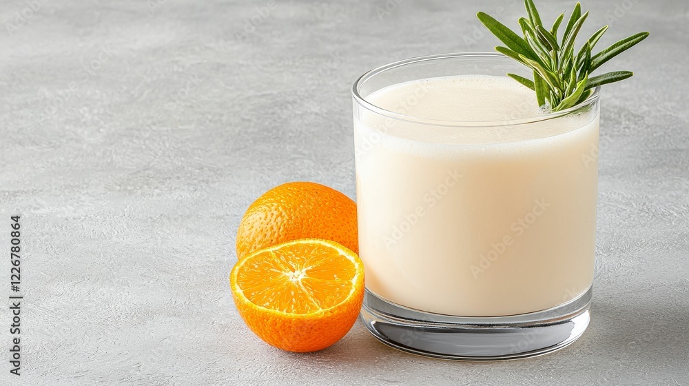 Fototapeta premium Fresh Orange Juice with Creamy Texture in a Glass Garnished with Green Herb on Grey Background