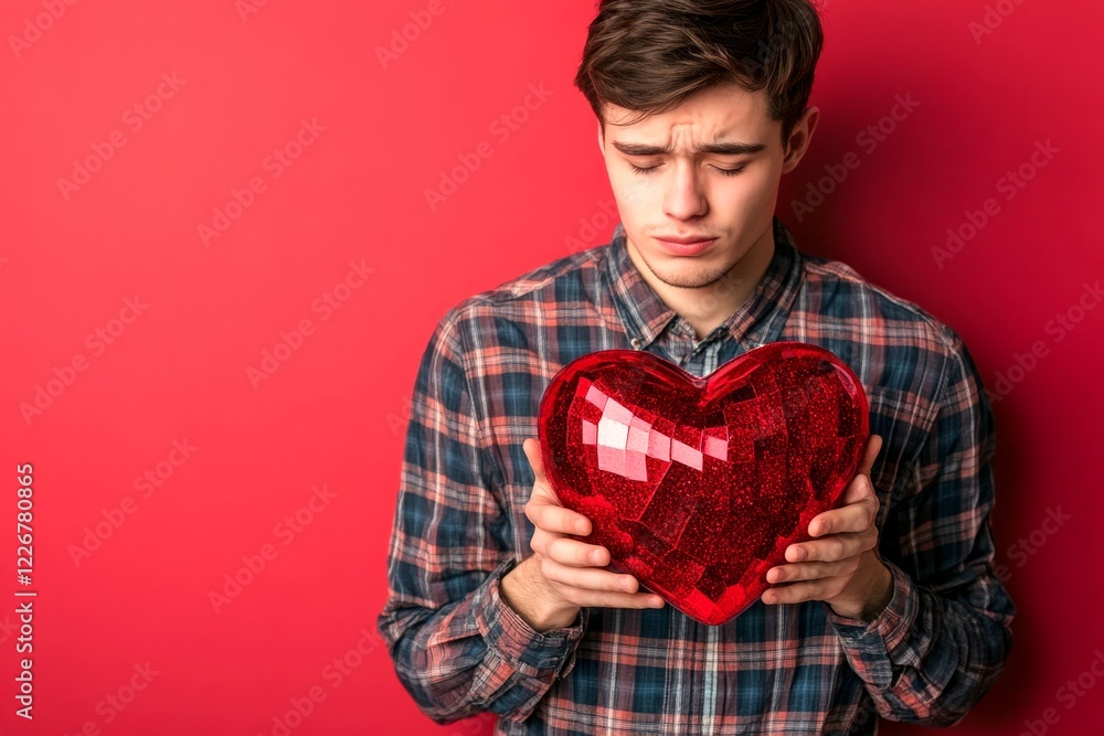 Sign of love and affection. Youth valentine's day greeting card: young man with melancholic face holds red heart in hands. Commercial advertising conceptual art. Romantic moments for couples. Sign of love and affection. Youth valentine's day greeting card: young man with melancholic face holds red heart in hands. Commercial advertising conceptual art. Romantic moments for couples.