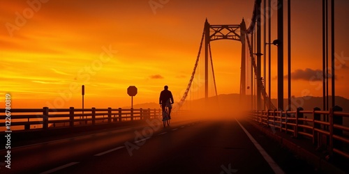 Silhouetted cyclist pedals across bridge at vibrant sunrise, a misty, serene scene. photo