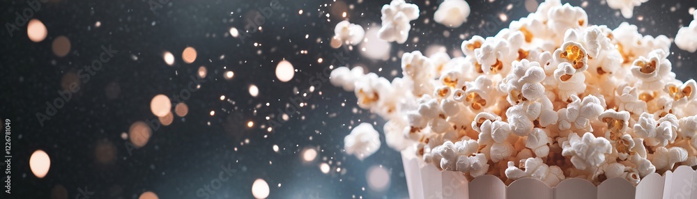 Fluffy popcorn kernels explode in a playful cascade, surrounded by shimmering light particles in a cozy kitchen at night. The sight captures the joy of a movie snack moment Fluffy popcorn kernels explode in a playful cascade, surrounded by shimmering light particles in a cozy kitchen at night. The sight captures the joy of a movie snack moment