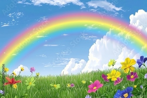 Rainbow over Spring Landscape A vivid rainbow arching over a field of wildflowers after a light spring shower.