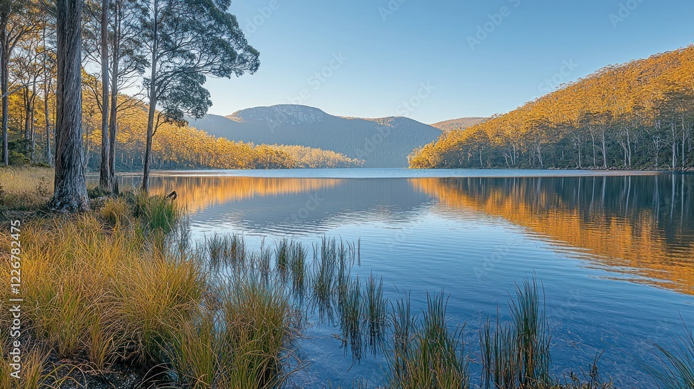 Obraz premium Serene lake reflecting autumn foliage at sunrise.