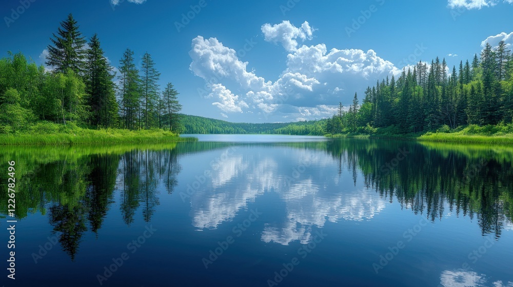 Serene lake reflecting clouds and trees. Serene lake reflecting clouds and trees.