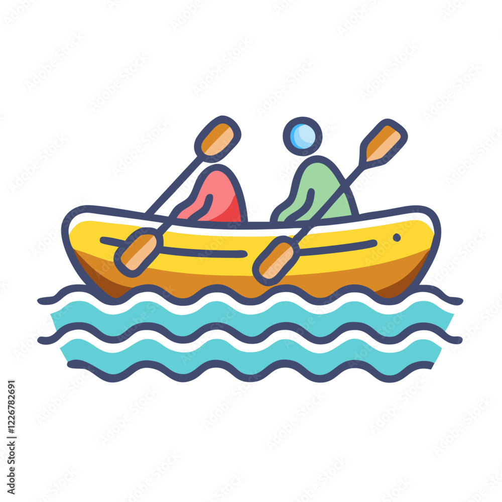 River Rafting Icon with two people paddling on water River Rafting Icon with two people paddling on water