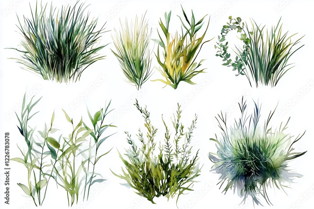 Set of top view of watercolor grass bushes isolated on white background. Set of top view of watercolor grass bushes isolated on white background.
