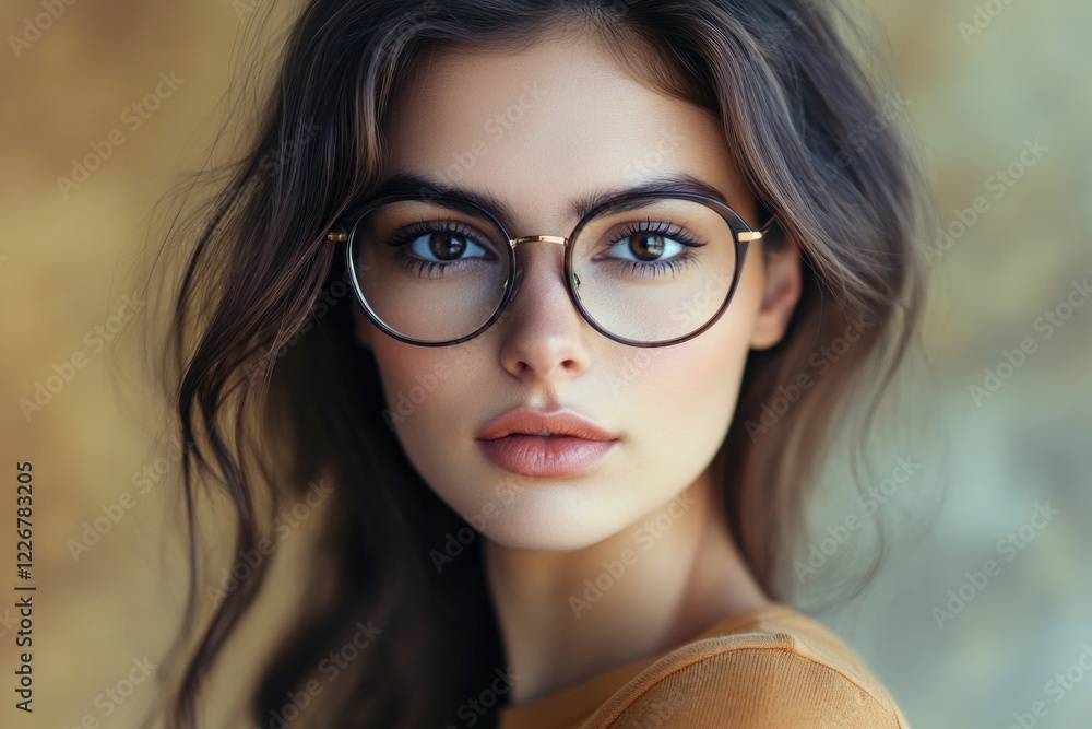 Fototapeta premium A close-up shot of a young woman wearing glasses and a sweater, with a neutral expression