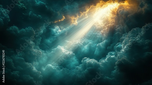 Heavenly light pierces dark cloudscape photo