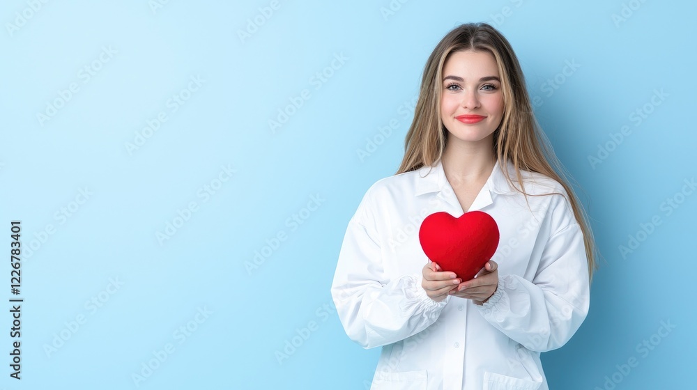 Smiling female doctor holding heart, blue background, healthcare Smiling female doctor holding heart, blue background, healthcare