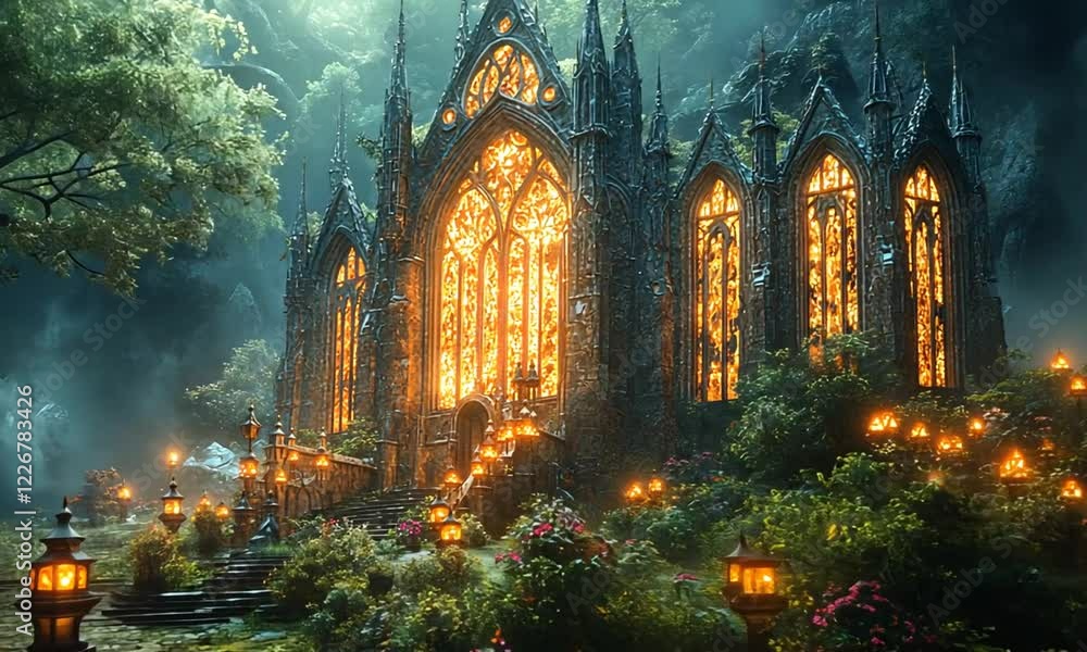 Enchanted Gothic Cathedral Illuminated by Warm Light Surrounded by Lush Forest and Flowers Enchanted Gothic Cathedral Illuminated by Warm Light Surrounded by Lush Forest and Flowers