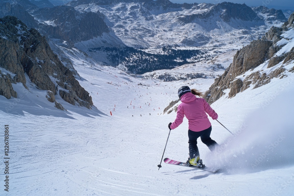 A person skiing on a mountain trail with a pink jacket and helmet A person skiing on a mountain trail with a pink jacket and helmet