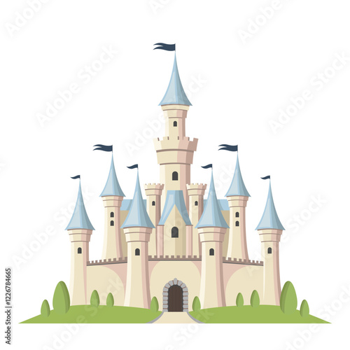 Elegant cartoon castle with blue pointed roofs and waving flags, surrounded by greenery, on a white background. Fantasy concept. Vector illustration