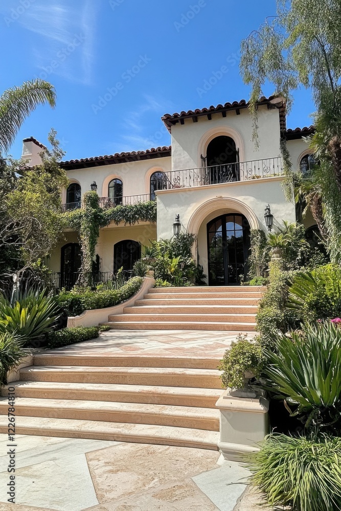 Obraz premium Discover a stunning Mediterranean-style villa adorned with vibrant, lush landscaping and an inviting entrance, all set in a sunny and picturesque location
