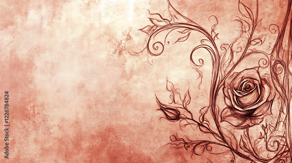 Artistic Rose Sketch with Ornate Vine Design on Textured Background Artistic Rose Sketch with Ornate Vine Design on Textured Background