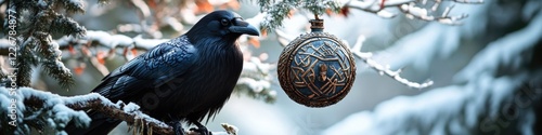 A black bird sits atop a tree branch, looking out into the distance