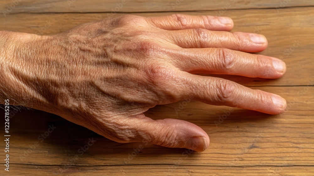 Fototapeta premium Close-Up of an Aging Human Hand on Wood Surface