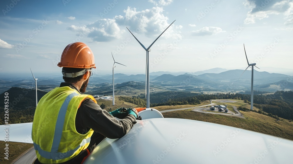 Naklejka premium A close-up of a renewable energy technician inspecting wind turbine blades on a wind farm, with turbines and renewable energy infrastructure in the background, Wind turbine inspection scene