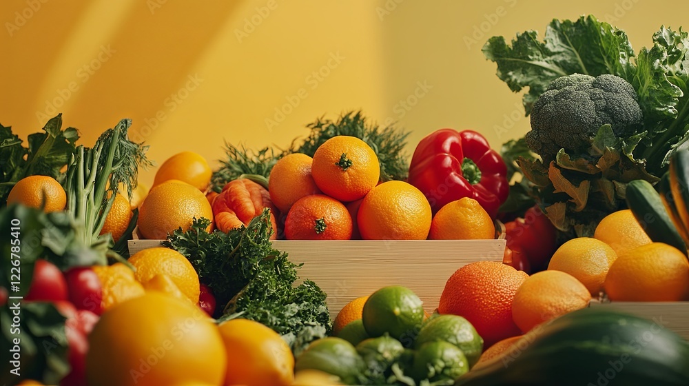 A bright ad showcasing fresh produce boxes delivered directly from a sustainable farm. digital A bright ad showcasing fresh produce boxes delivered directly from a sustainable farm. digital