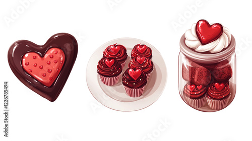  Set of Valentine's Day dessert illustrations. a heart-shaped chocolate cake, a plate of red velvet cupcakes with heart-shaped toppers, and a jar of heart-shaped cookies. on transparent background