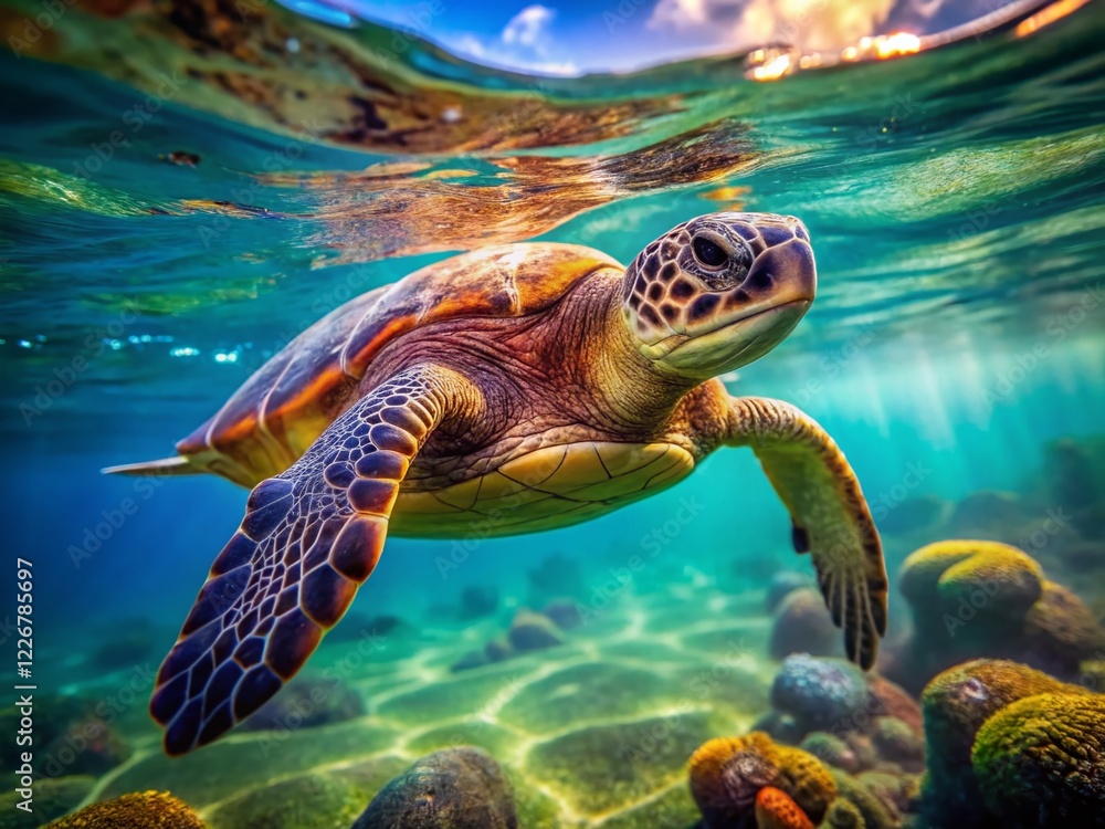 Fototapeta premium Turtle Swimming in Water, Candid Wildlife Photography, AI Art