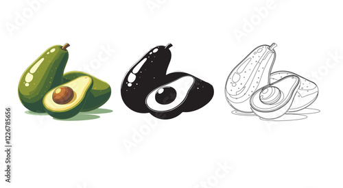 Set of fresh two whole and one half avocado isolated on white background. Organic food. and cartoon style. Vector illustration for designing