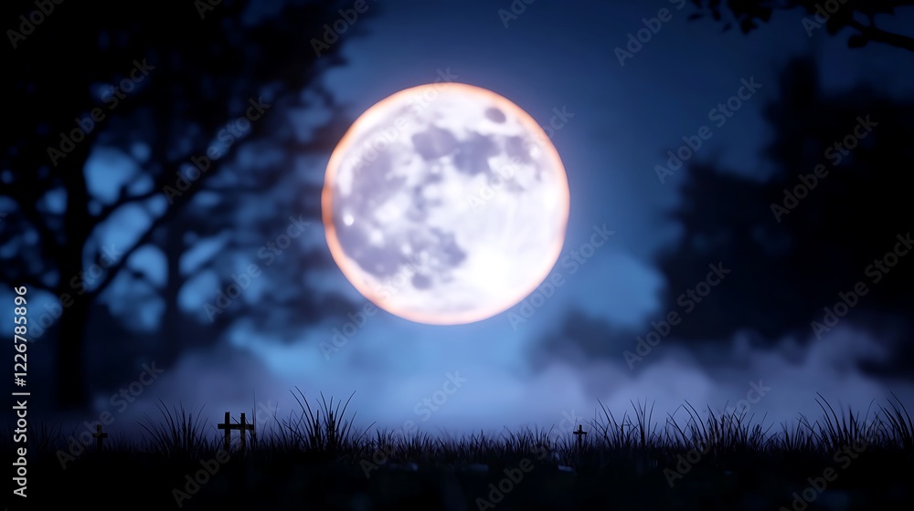 Full Moon Over a Foggy Graveyard at Night Full Moon Over a Foggy Graveyard at Night