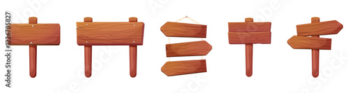 Wood plank signboard frame wooden texture game signpost, farm garden or jungle pointing panel. Set menu ui design. Outdoor empty textured arrow