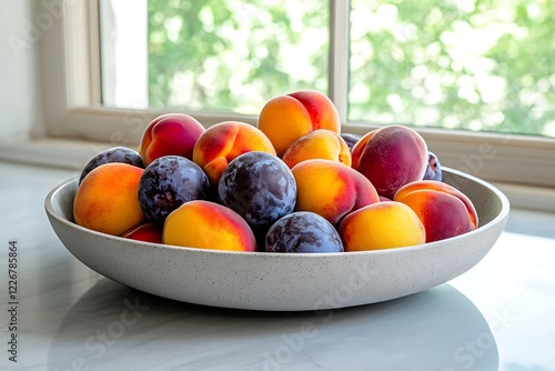 Fototapeta Naklejka Na Ścianę i Meble -  An artistic arrangement of vibrant stone fruits, including peaches and plums, nestled in a striking modern bowl against a backdrop of natural light filtering in.