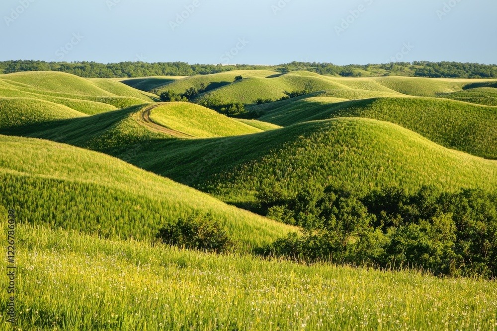 Fototapeta premium Rolling Hills in Bloom Rolling green hills covered in wildflowers stretching into the distance under a golden sunrise