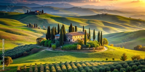 Tuscan Farmhouse, Rolling Hills, Olive & Cypress Trees, Val d'Orcia