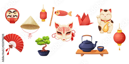 Japan set with traditional elements bonsai tree, koinobori flag, fun, maneki neko cat, origami crane and teapot with tea cups isolated on white background.